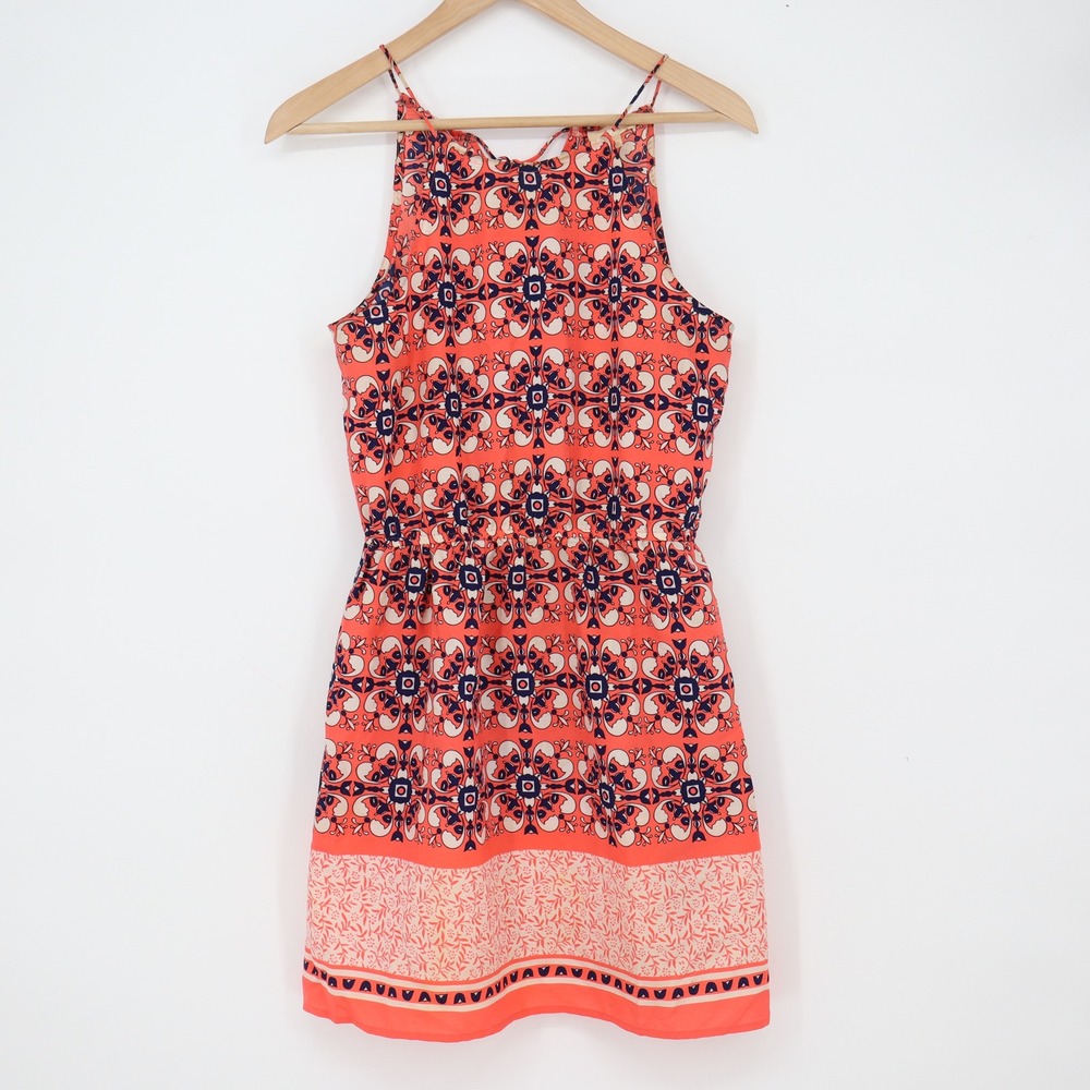 E&M Dress Women's S Coral Geometric Medallion Print Halter Mini Good